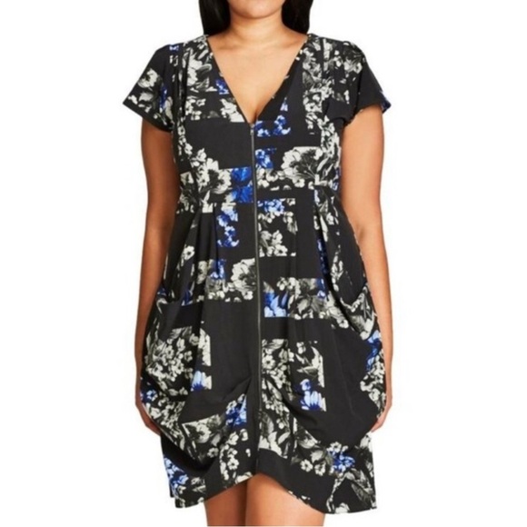 City Chic Dresses & Skirts - City Chic Size 20 Black Floral Front Zip Pleated Tunic Dress With Pockets